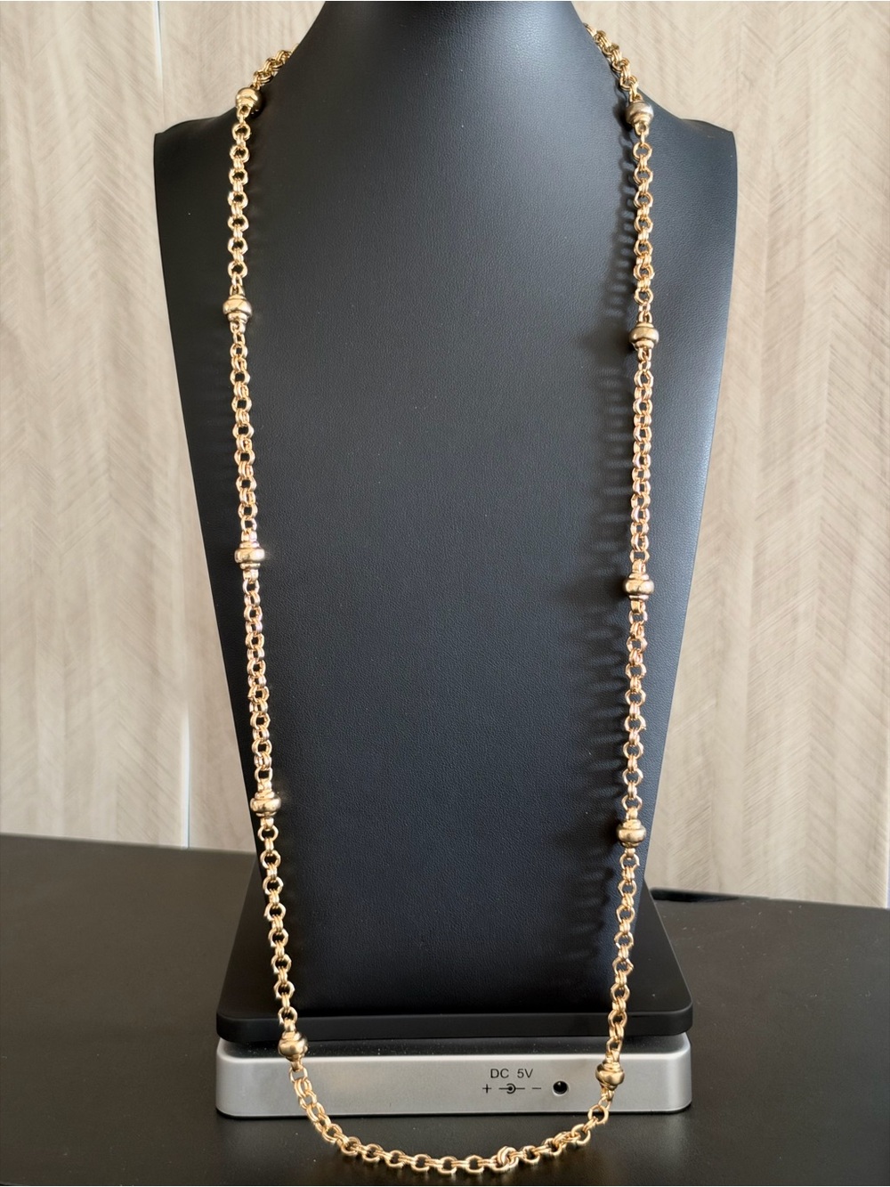 Liz Claiborne Long Gold Tone Double Link Bead Station Necklace Classic Glam